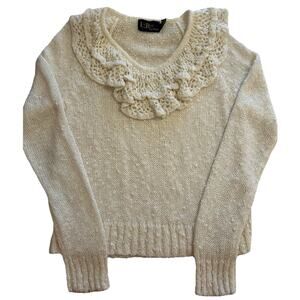 Vtg 80s LeRoy knitwear‎ Ivory Sweater Sz Small Ruffle Crochet Cottagecore Frilly